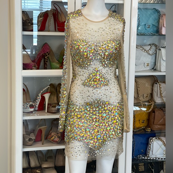JOVANI 8 long sleeve shirt cocktail dress sheer mesh Crystal sequin NYE dress - Picture 7 of 14